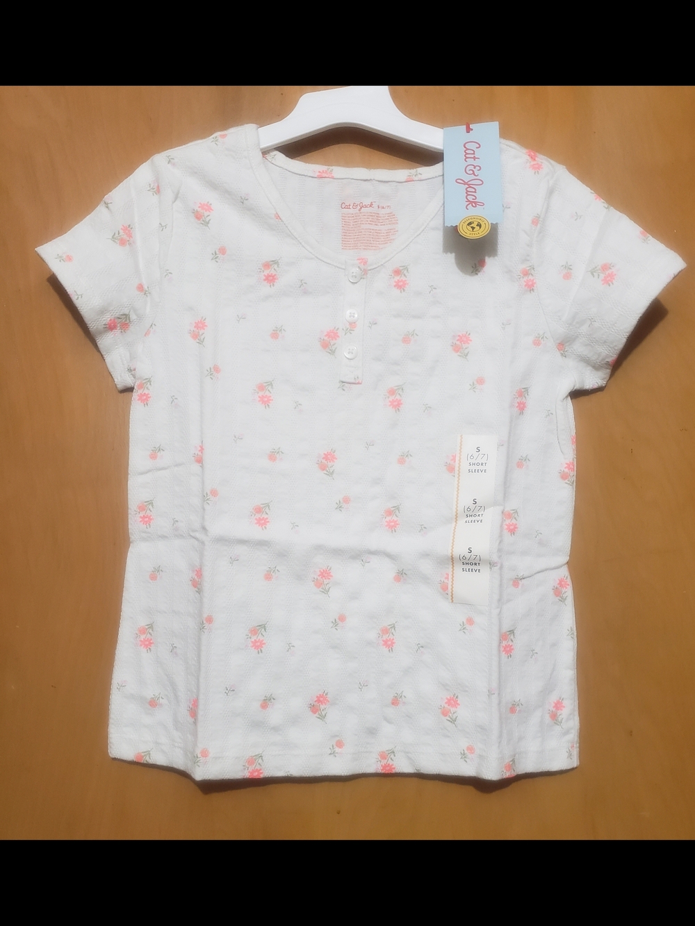 Cat & Jack White Short Sleeve Henley Tee with Pink Floral Print